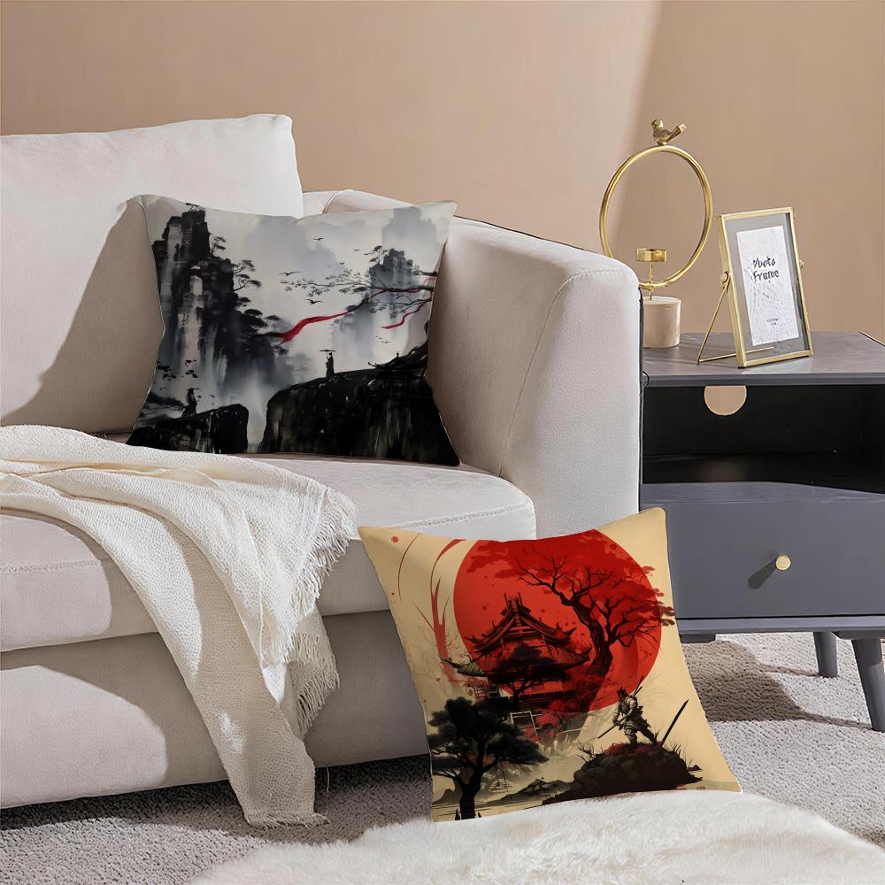 Chinese Ink Painting Style Cushion Cover Anti-dustmite Pillowcase Invisible Zipper Silky Short Plush Sofa Cushion Cover
