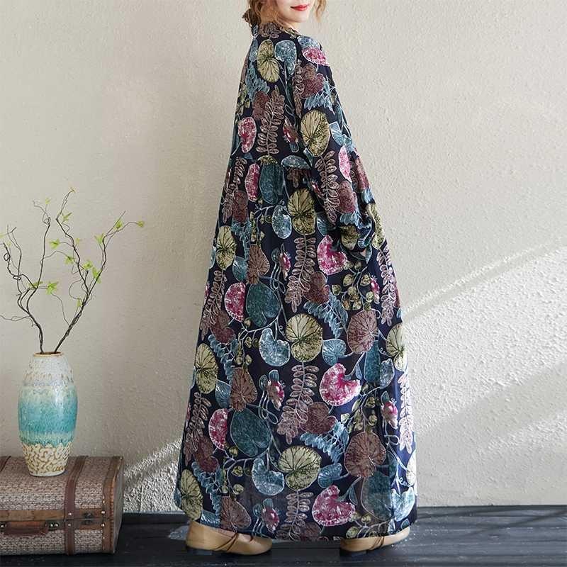 Real Spring and Summer New Retro Cotton and Linen Printing Loose Casual Fungus Lace Collar Long-sleeved Big Swing Dress