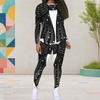 Women Plus Size Black Gold Green Printed Round Neck Long Sleeve Top And Fitted Pants Two Piece Set