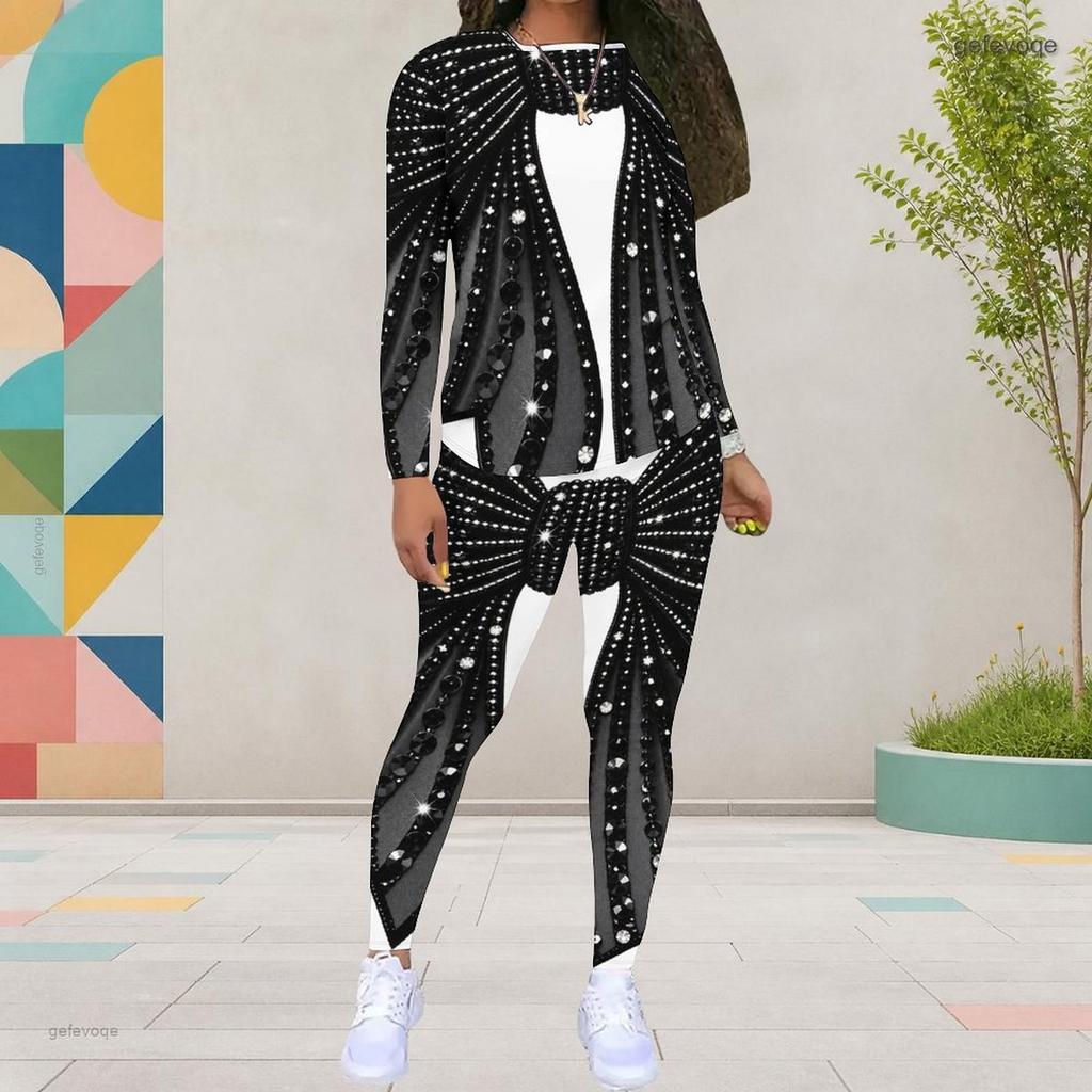 Women Plus Size Black Gold Green Printed Round Neck Long Sleeve Top And Fitted Pants Two Piece Set