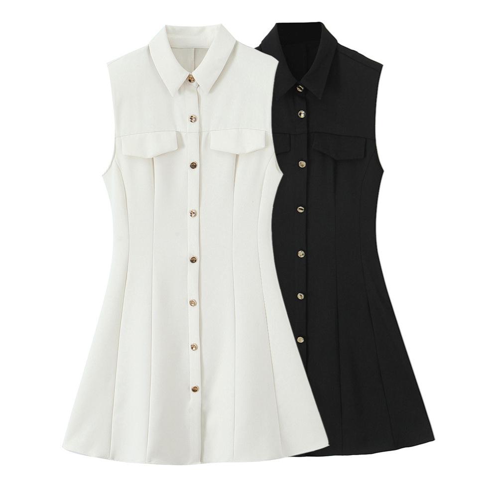 

2025 Spring Women s Sleeveless Mini Shirt Dress with Gold Buttons Extra Small чёрный