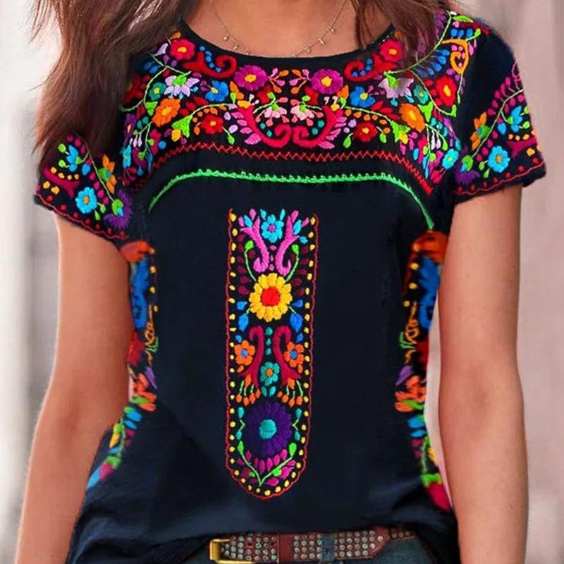 

Летняя женская футболка с принтом, круглым вырезом в стиле бохо и короткими рукавами S чёрный