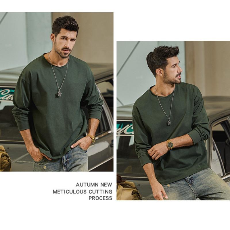 Men 100 Cotton Loose Long Sleeve Round Neck Casual Solid Vintage T Shirt