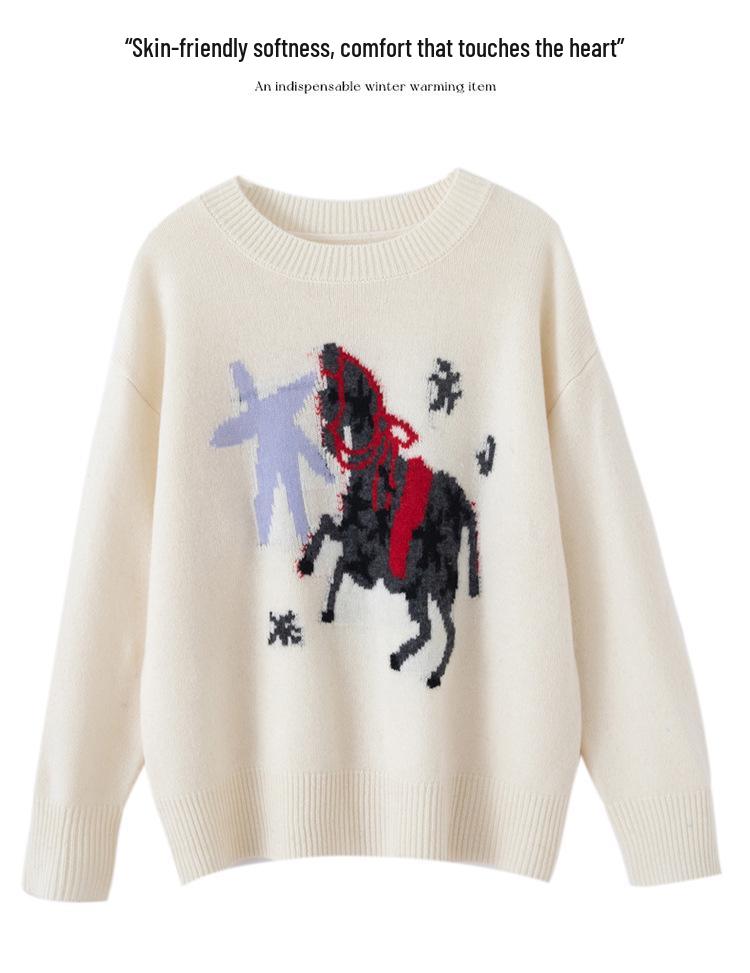 2025 Autumn/Winter Women's Pure Wool Round Neck Jacquard Horse Sweater