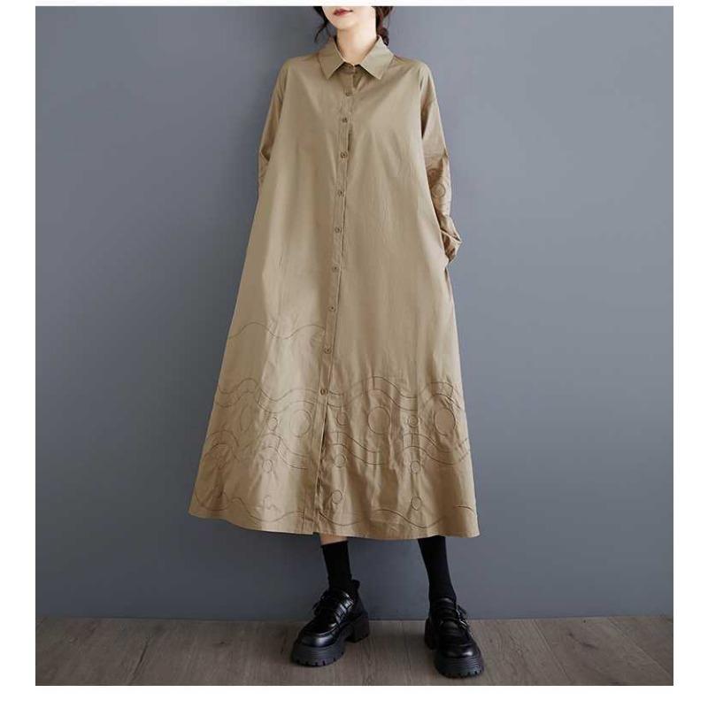 Lösa Plus Size Splicing Casual Enkla Broderier Söta Långärmade Klänningar