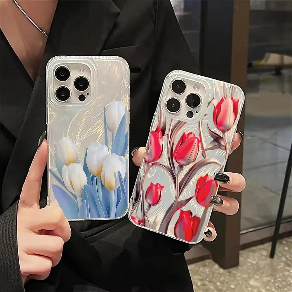 Colorful Tulip Pattern Laser Case For Iphone 16 15 14 13 12 11 Pro Max 16E X XS XR Cover