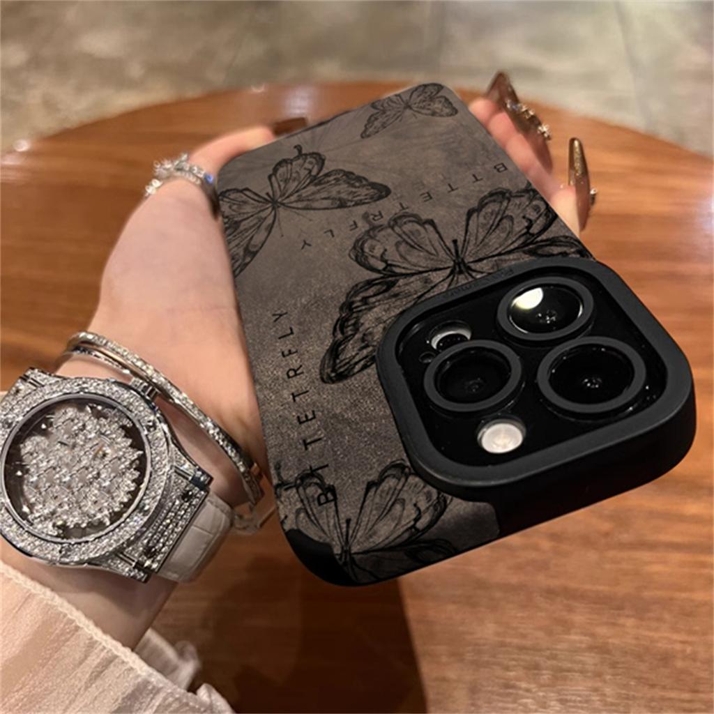 Retro Sketch Butterfly 3D Heart Lanyard Phone Case For iPhone 16 15 14 13 12 11 Pro Max Plus Shockproof Protective Back Cover