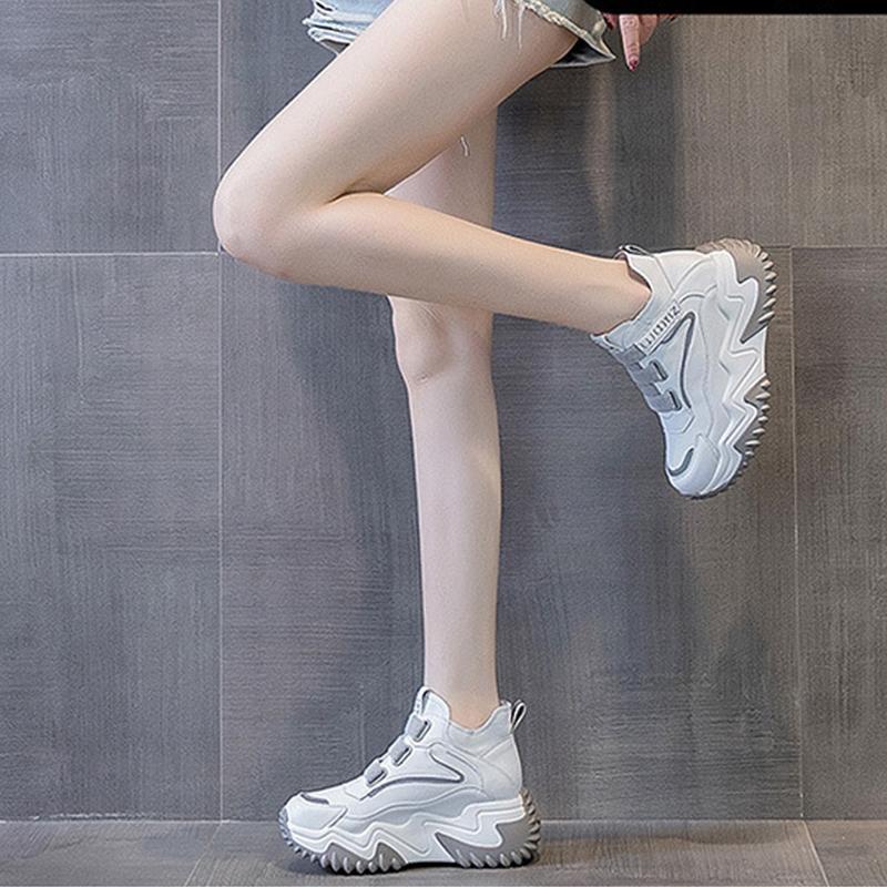 Buty z prawdziwej skóry Damskie Sneakersy Płaskie Antypoślizgowe Oddychające Markowe Damskie Buty Podwyższające 8cm Czarny Beżowy