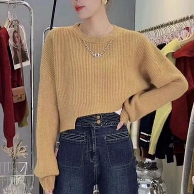 Suéter de punto irregular de manga larga para mujer otoño 2023 suéter suelto con cuello redondo sólido único corto primavera y otoño suéter femenino