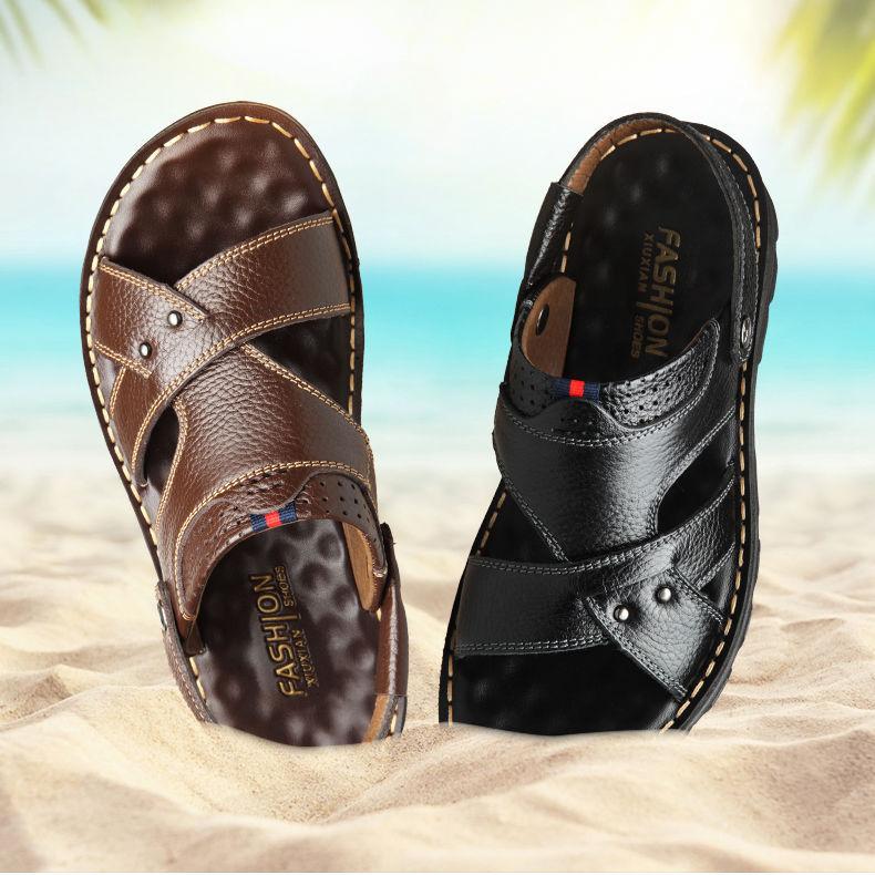 Thick Soled Massage Soled Sandals, Men's Genuine Leather Summer Sandals, Men's Casual Beach Shoes