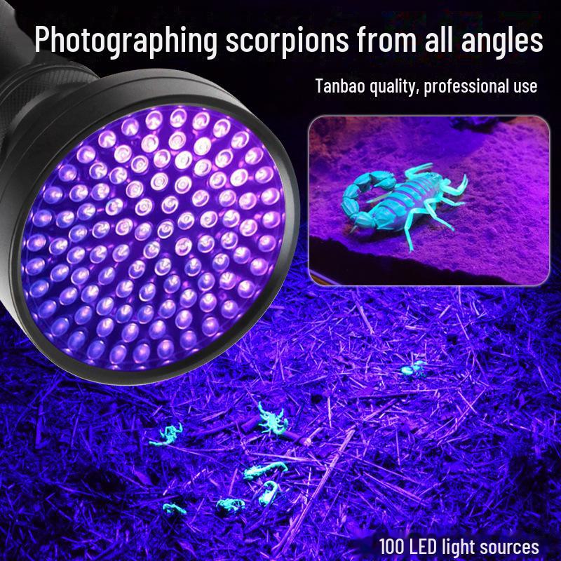 Tanbao 100 LED UV Flashlight - Purple Light for UV Detection, Anti-Counterfeit, Scorpion Finding, and Disinfection.