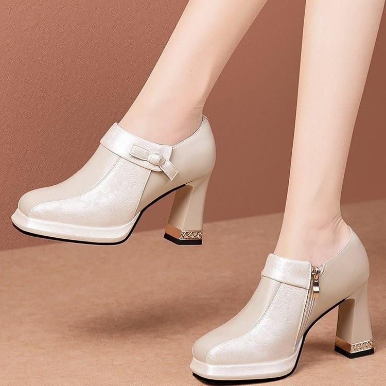 Mote Vår og Høst Nye Svarte Rundtå Tykke Høye Hæler Enkeltsko Dame Sideglidelås Fritid Plattformpumps Damesko