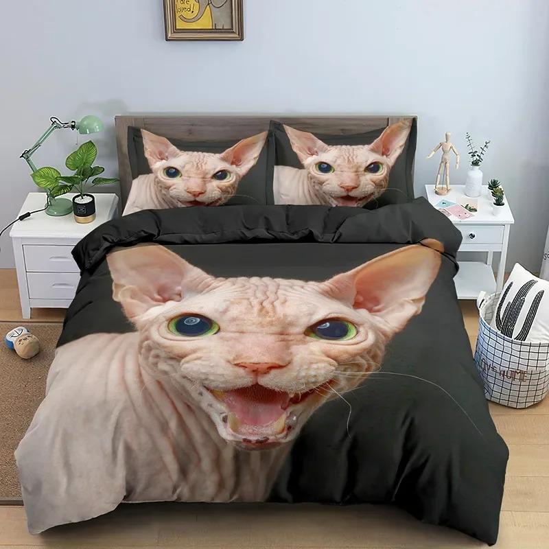 Kanadische Sphynx Katze Bettbezug King Queen Liebliches Haustier Kätzchen Bettwäsche Set Kinder Jugendliche Erwachsene Niedliches Tier Weiche Polyester Steppdecke Bezug
