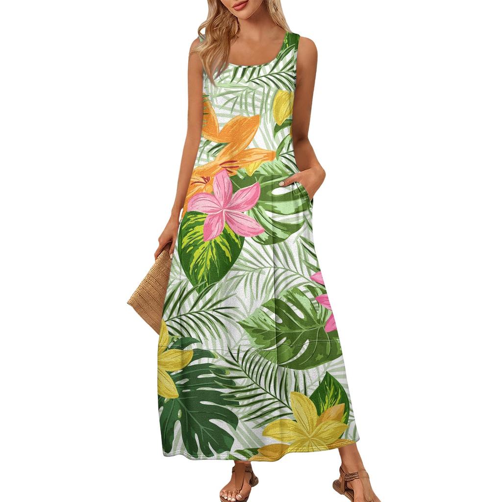 Damen Sommer Mode Rundhals Ärmellos Strandkleid Kleider mit Blumendruck