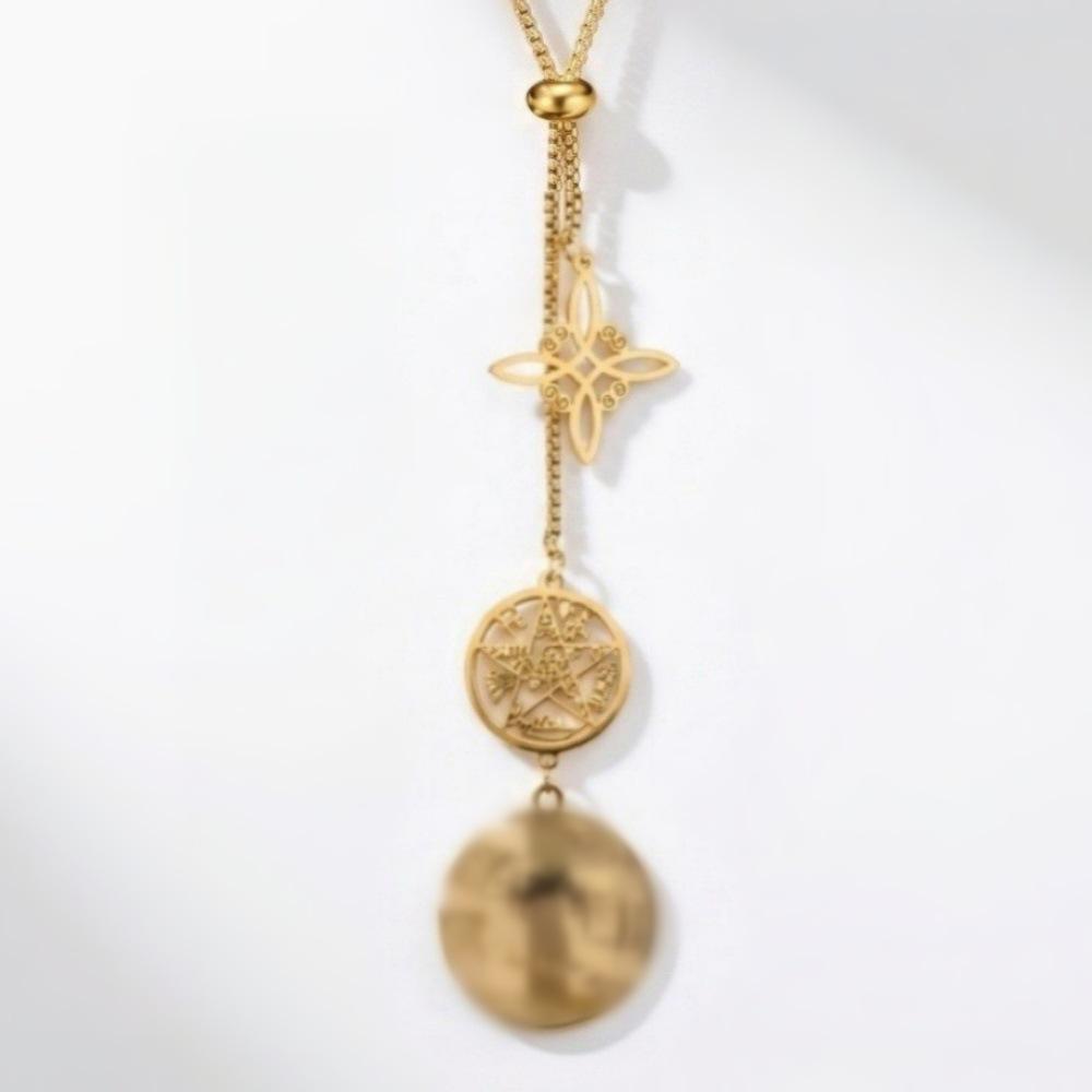 Stainless Steel Saint Benedict & Witch Knot Double-Sided Pendant Necklace
