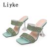 Fashion Liyke New Brand 9CM Strange High Heels Women Slippers Fashion Transparent PVC Rhinestone Sandals Summer Party Prom Shoes Ladies