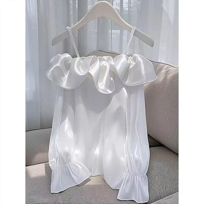 Satinbluse im französischen Stil - Damen Off-Shoulder Oberteil mit Rüschenbesatz