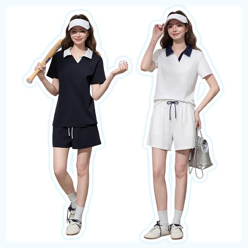 MJ STYLE Color-block Polo T-shirt & Shorts Set