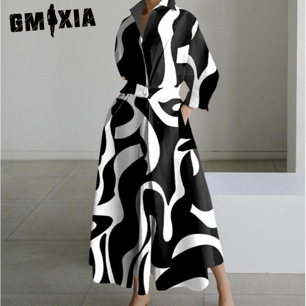 

GMXIA Женская мода весна осень длинные рукава поло-воротник повседневные платья XL