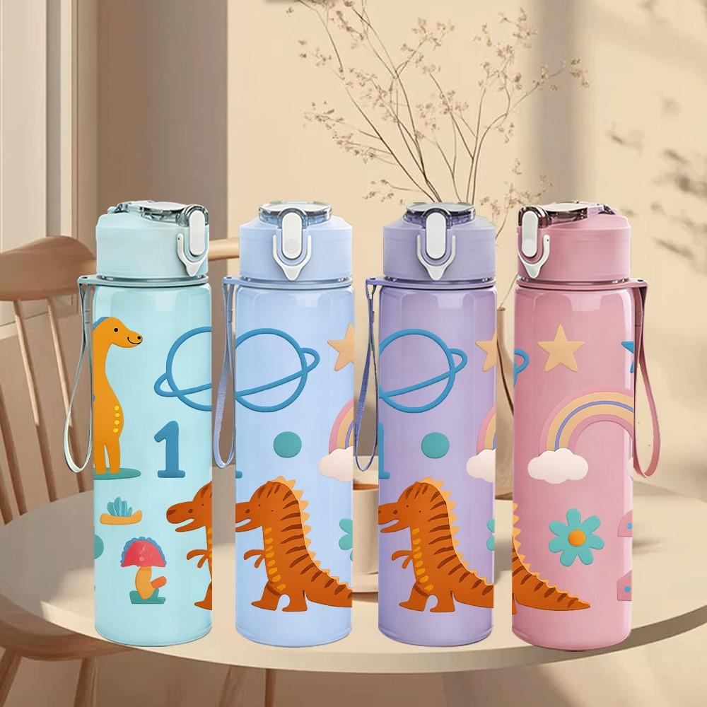 1PC Dinosaur Rainbow Number Set 750ml Color Plastic Sports Water Bottle Leakproof Flip Straw Lid Suitable for Sports Office Home Use