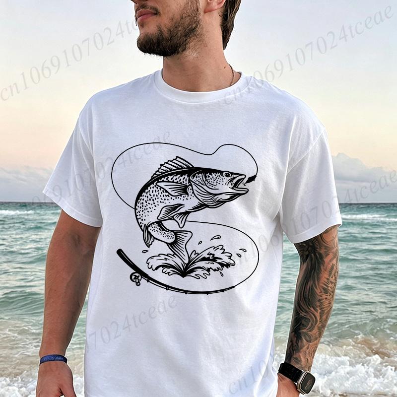 Retro Fish Fishing Print T-shirt Men Summer Breathable Tee T-Shirts Beach Vacation Casual Shirts Fisherman Gift Oversized Tops