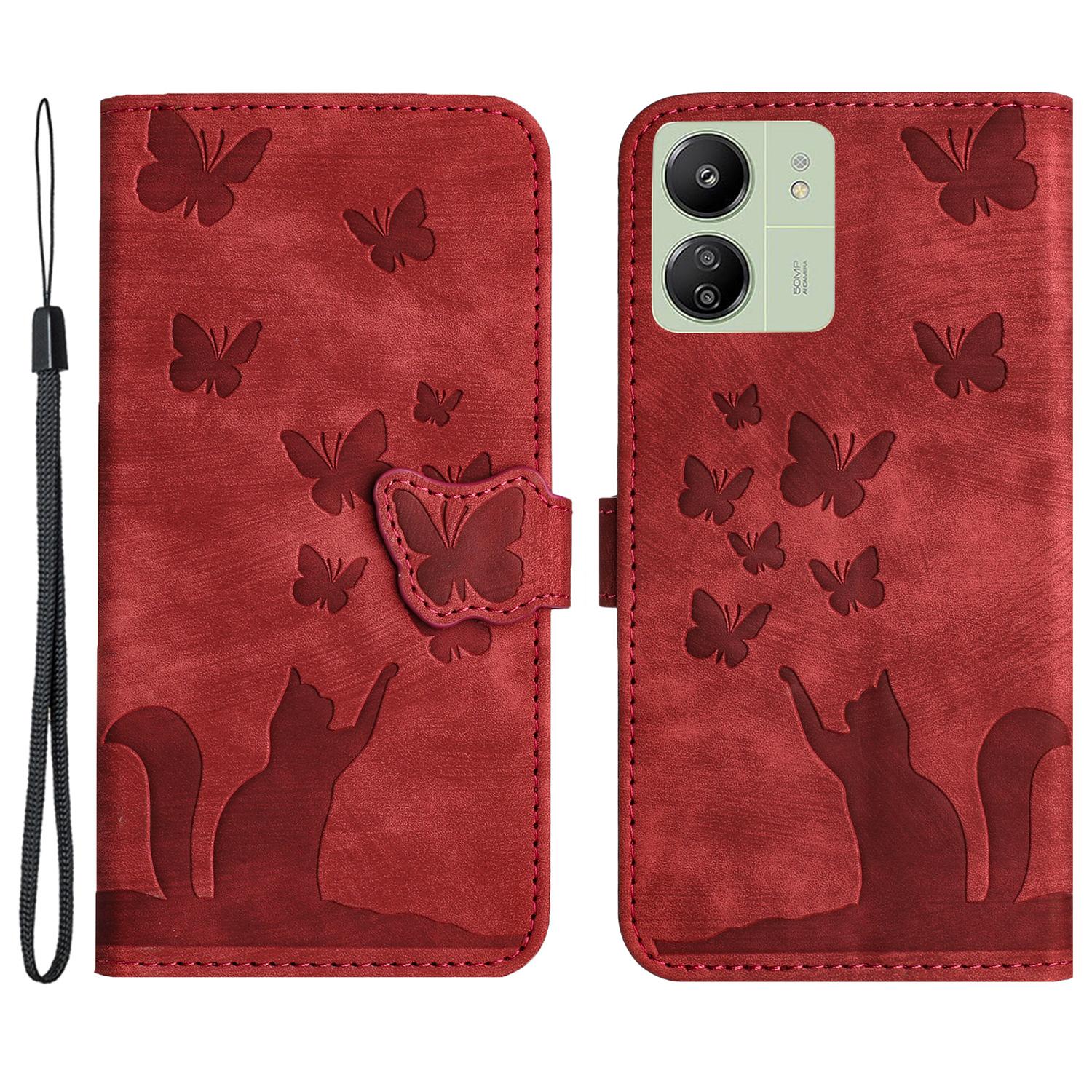 

For Xiaomi Redmi 13C 4G/5G/13R 5G/Poco M6 5G/Poco C65 4G Case Cat Butterfly Imprinted Leather Magnetic Clasp Phone Cover Red