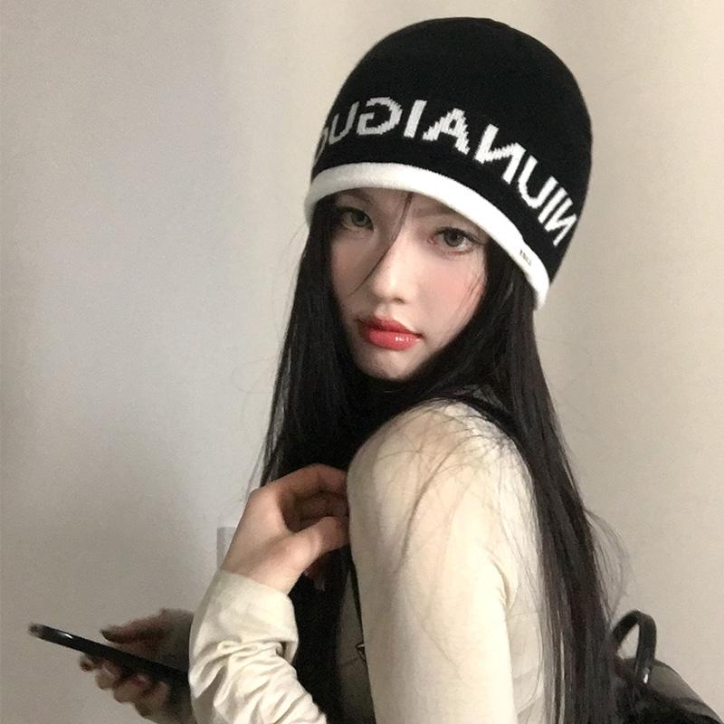 Letter White Knitted Wool Hat Women's Autumn and Winter Versatile Big Head Circumference Bag Head Cold Hat Showing Face Small Pile Hat