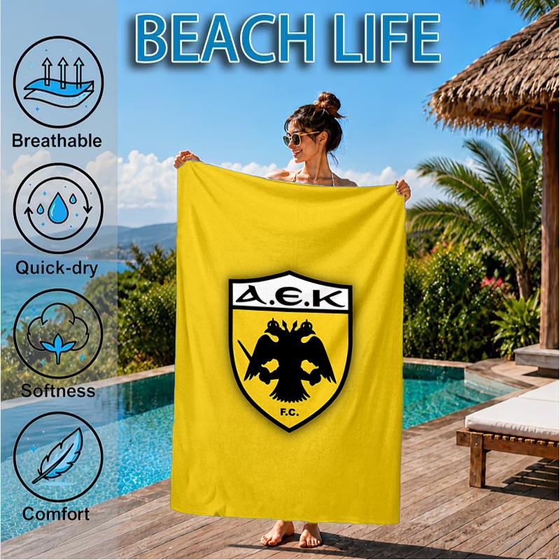 Asciugamano da Spiaggia con Stemma Calcio Aek, Asciugatura Rapida, Facile da Curare, Adatto sia per il Fitness che per le Vacanze al Mare, Essenziale per lo Sport