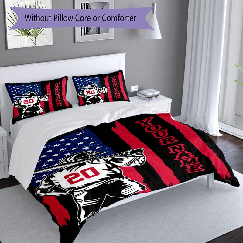 3PC Custom Name Baseball Spirit: USA Pride Bedding Set Printed Bedding Set Duvet Cover Closure Includes 1 Duvet Cover & 2 Pillowcases for All Seasons