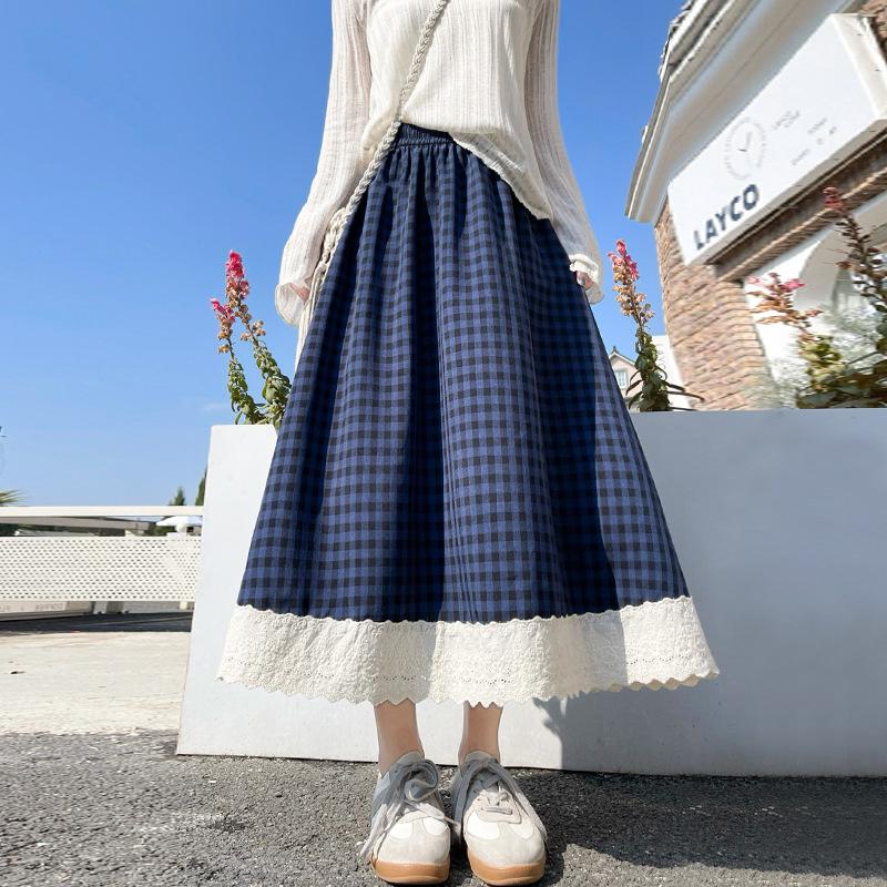 Women's High Waist Checkered Lace Trim A-line Midi Skirt (2025)