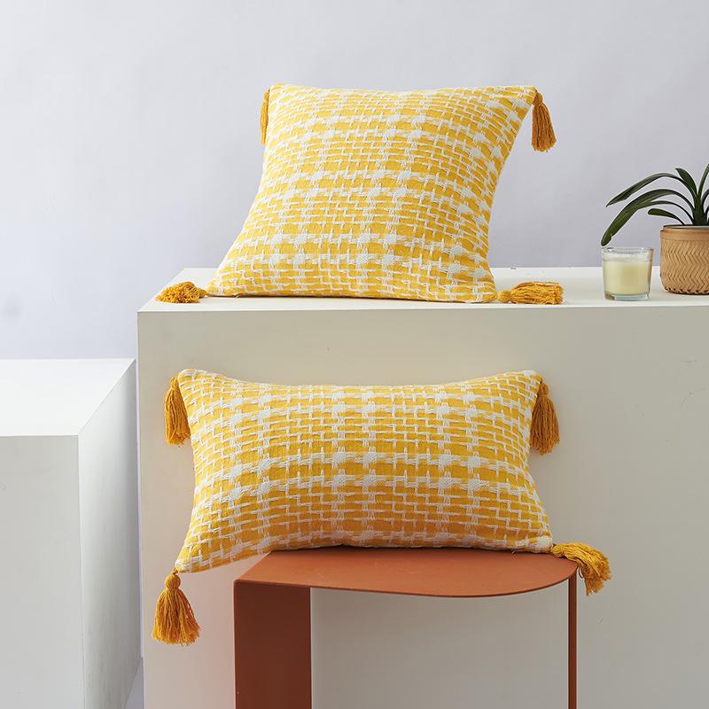 Houndstooth Two-color Woven Pillow Polyester-cotton Tassel Double-sided Office Fashion Ins Style Sofa Cushion Pillow Cover