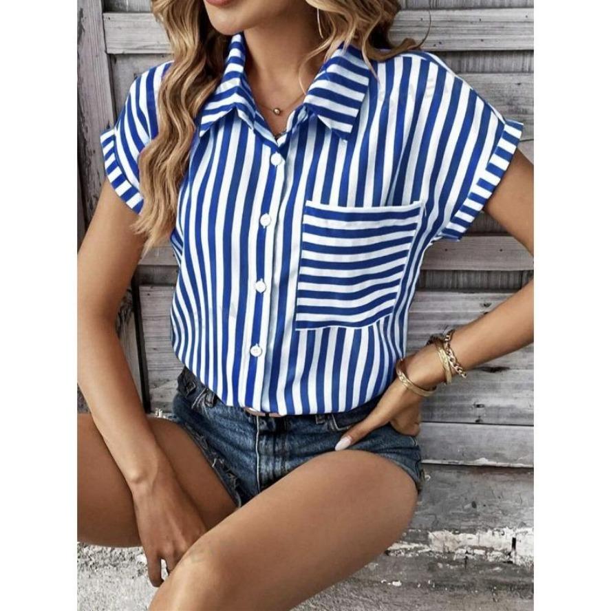 YYFS Damenmode Casual Sommer Frühling Streifendruck Kurzarm Polokragen Blusen & Hemden