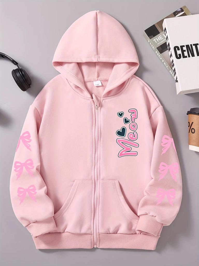 Girls Zip Up Hooded Jacket Pink Bow Meow Heart Letter Print Long Sleeve Casual Kids Hoodie For Daily Outdoor Wear