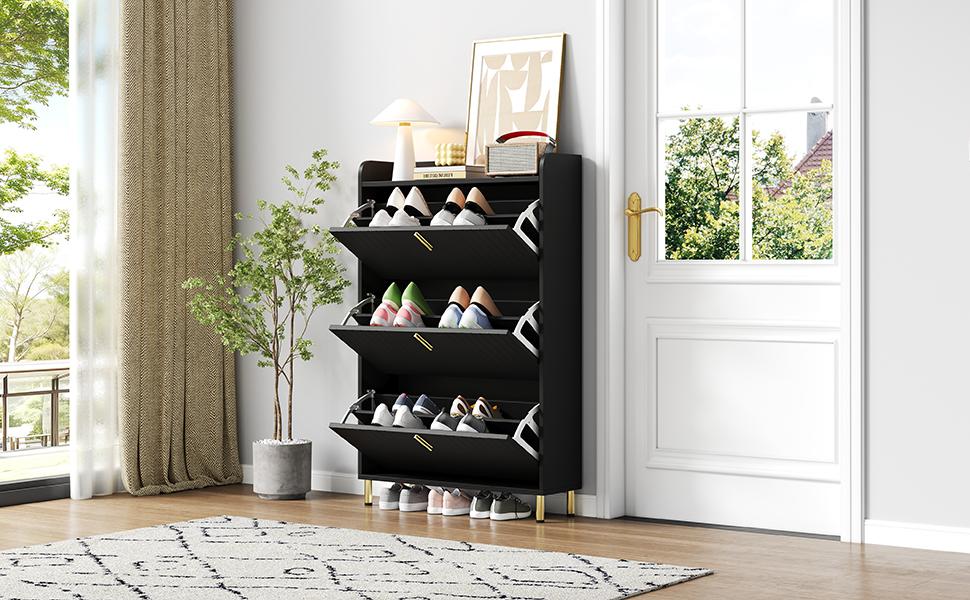 Shoe Cabinet with 3 Flaps, Narrow Shoe Rack Shoe Tilt Cabinet, with 6 Compartments, Adjustable, Anti-Tip Device for Entryway, 80*23.5*123.5cm, Black