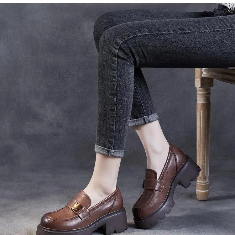 Women's Spring and Autumn Thick-heeled Thick-soled Loafers British Style Retro Soft Leather Shoes
