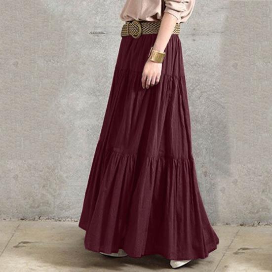 Women Maxi Skirt High Waist Ruffle Splicing Large Hem Long Skirt Pure Color