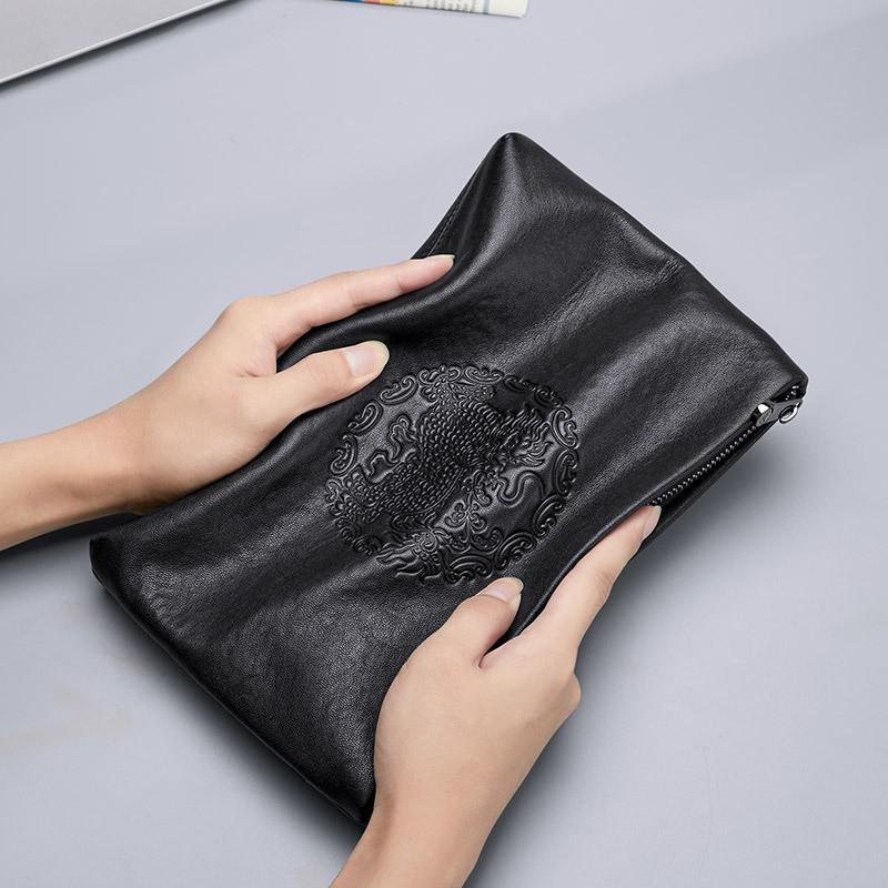 Mens Genuine Leather Clutch Bag Urban Minimalist Design Geometric Embossed Business Casual Handheld Purse Daily Use
