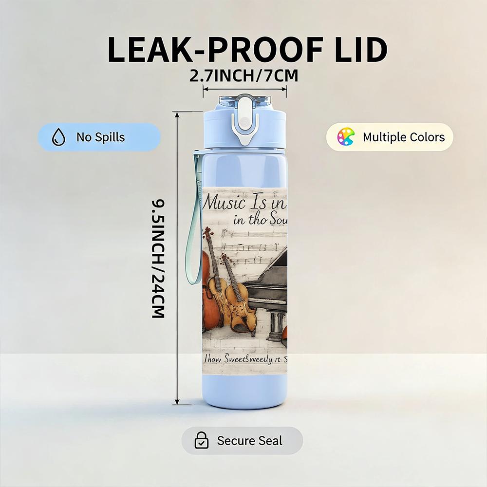 1PC Violin Cello Musical Sketch 750ml Color Plastic Sports Water Bottle Leakproof Flip Straw Lid For Sports Office Home Use