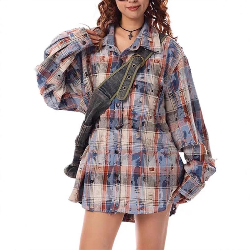 Women Loose Distressed Plaid Long Sleeve Vintage Casual Shirt Blouse Outerwear