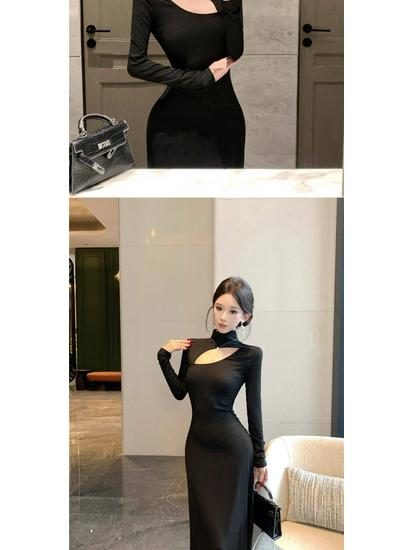 Elegant Black Plus Size Long Sleeve Hollow Dress with French Collar