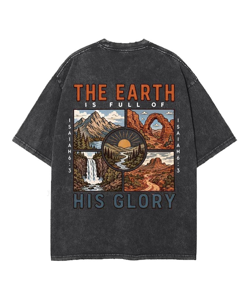 Wilderness Mountain The Earth Is Full Of His Glory Faith Vintage Washed T Shirt Men Women Oversized Short Sleeve Tee Casual Tops