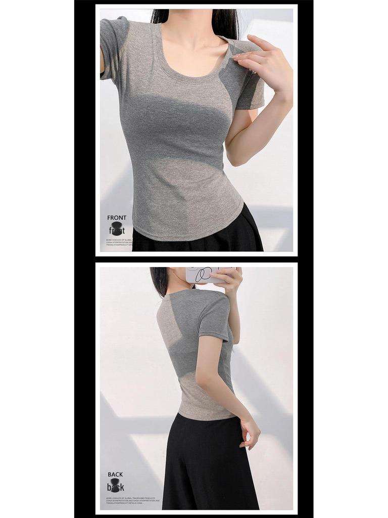 Women's Summer Slim Fit Pink U-Neck T-Shirt - Versatile & Stylish Short Sleeve Top