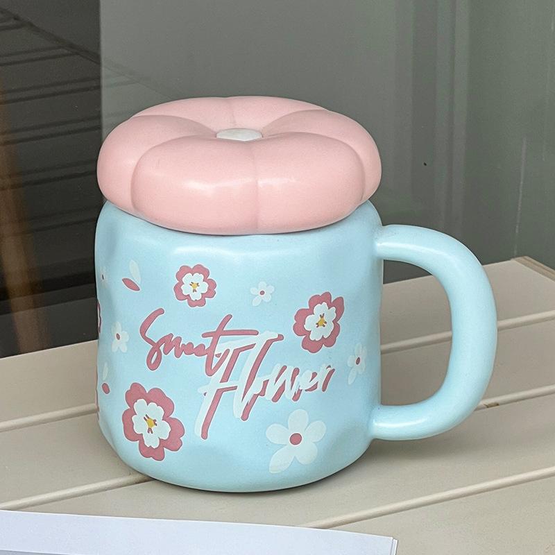 Cute Ceramic Cup with Lid High Value Ins Style Household Couple Water Cup Gift Box Creative Hand Gift Mug