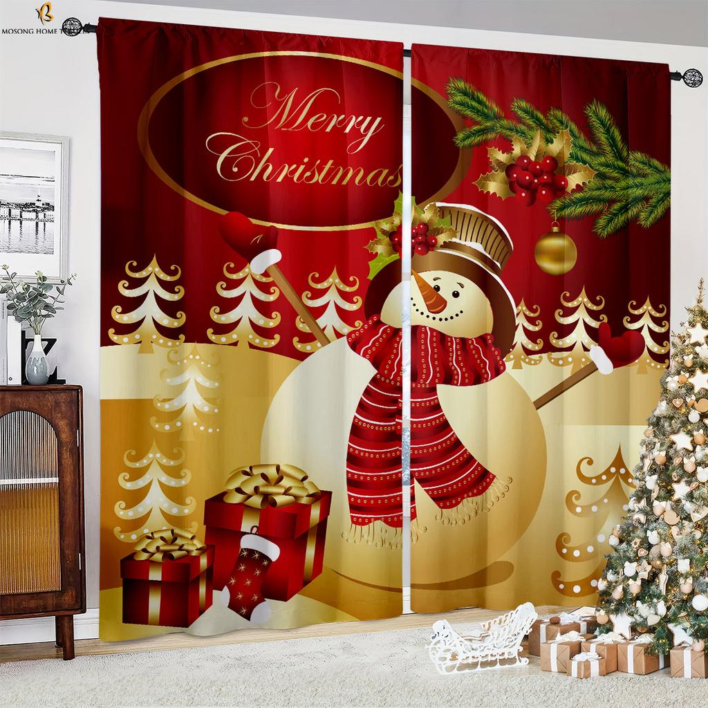 Weihnachtsvorhänge Weihnachtsmann Schneeflocke Kugel 3D-Vorhänge Schlafzimmer Restaurant Neujahr Feiertagsfeier Dekoration Vorhänge 2 Stück