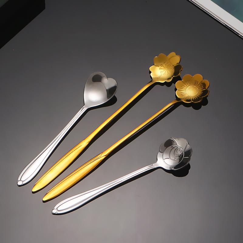 4PCS/Set 12.4-12.6cm Stainless Steel Flower Shape Spoons Coffee Mixing Ice Cream Dessert Spoons