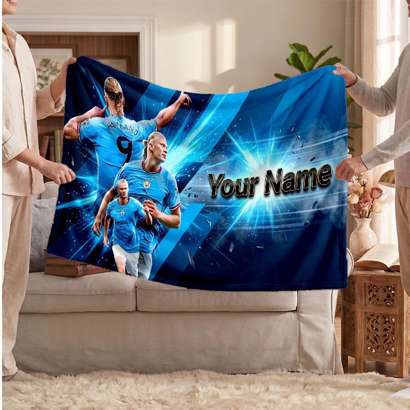 Erling Haaland Personalized Fleece Blanket With Football Logo, Custom Name Text Soft Warm Home Throw Blanket