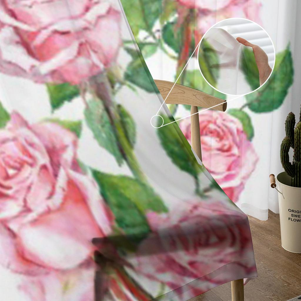 Repeating Floral Pink Rose Flowers Chiffon Sheer Curtains for Living Room Bedroom Kitchen Decoration Window Voiles Tulle Curtain