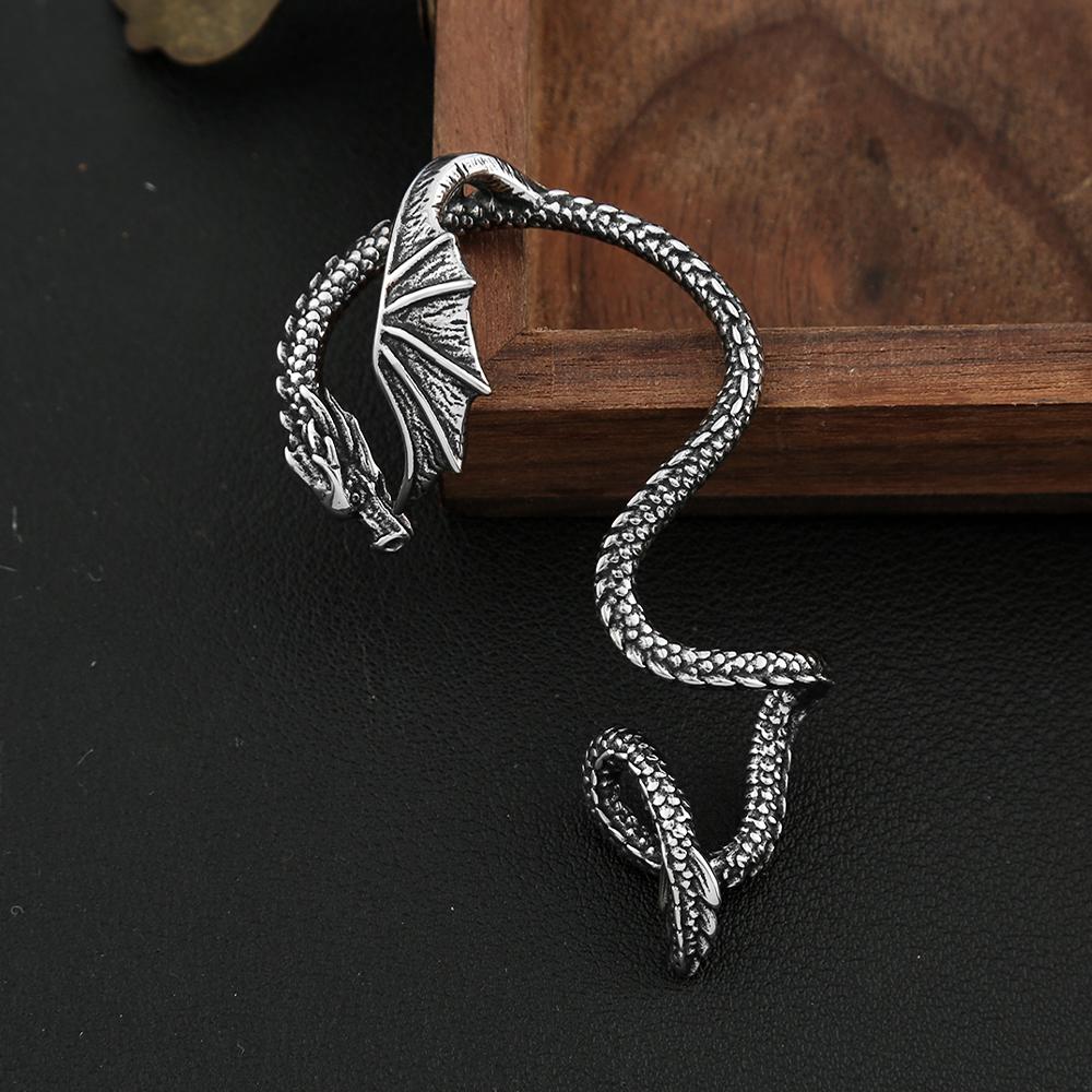 Vintage Domineering Winged Dragon Earrings Stainless Steel Punk Dragon Cuff Earring For Men Women Biker Animal Jewelry