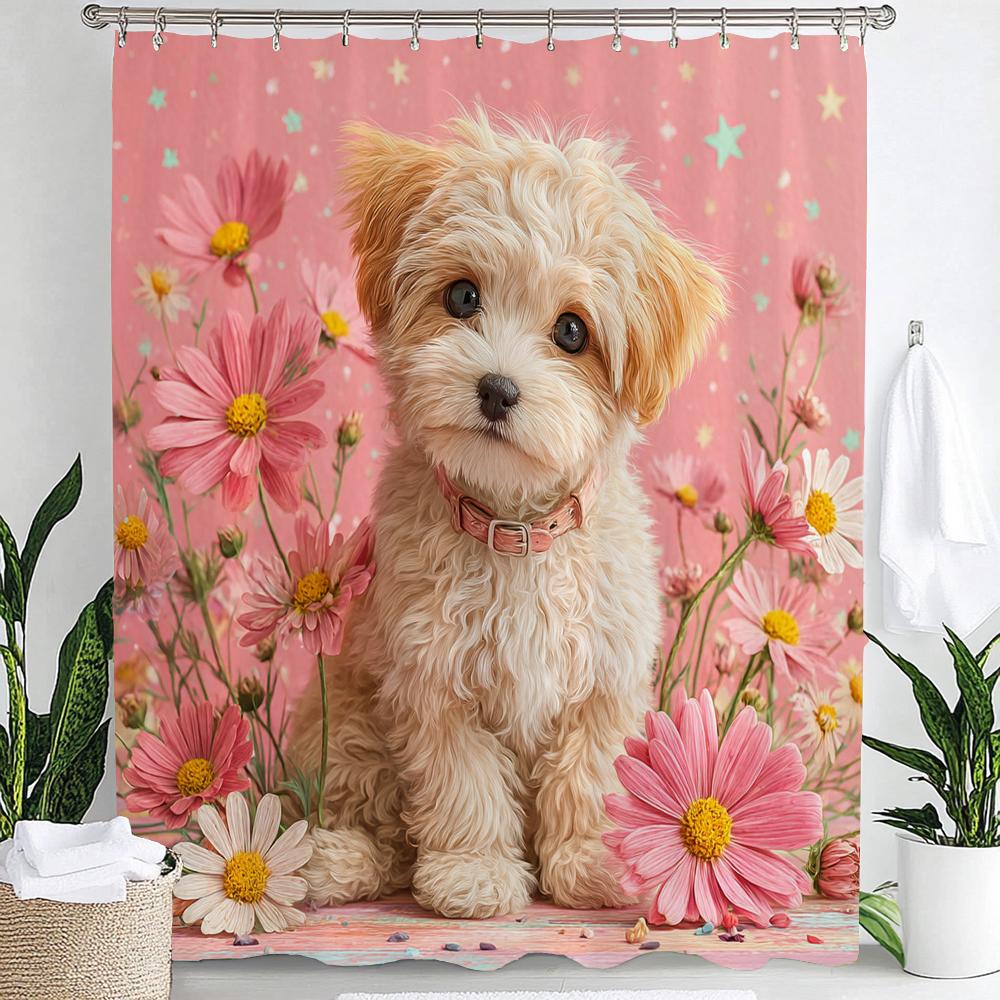3D Printed Cute Puppies Shower Curtain Lovely Cartoon Animal Bathroom Decorative Curtain, Printed Home Curtain with 12 Hooks