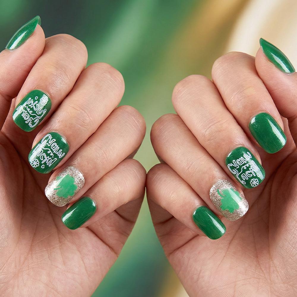 St. Patrick s Day Clover Glitter Nail Art Set - 24 Removable Short Square Nails